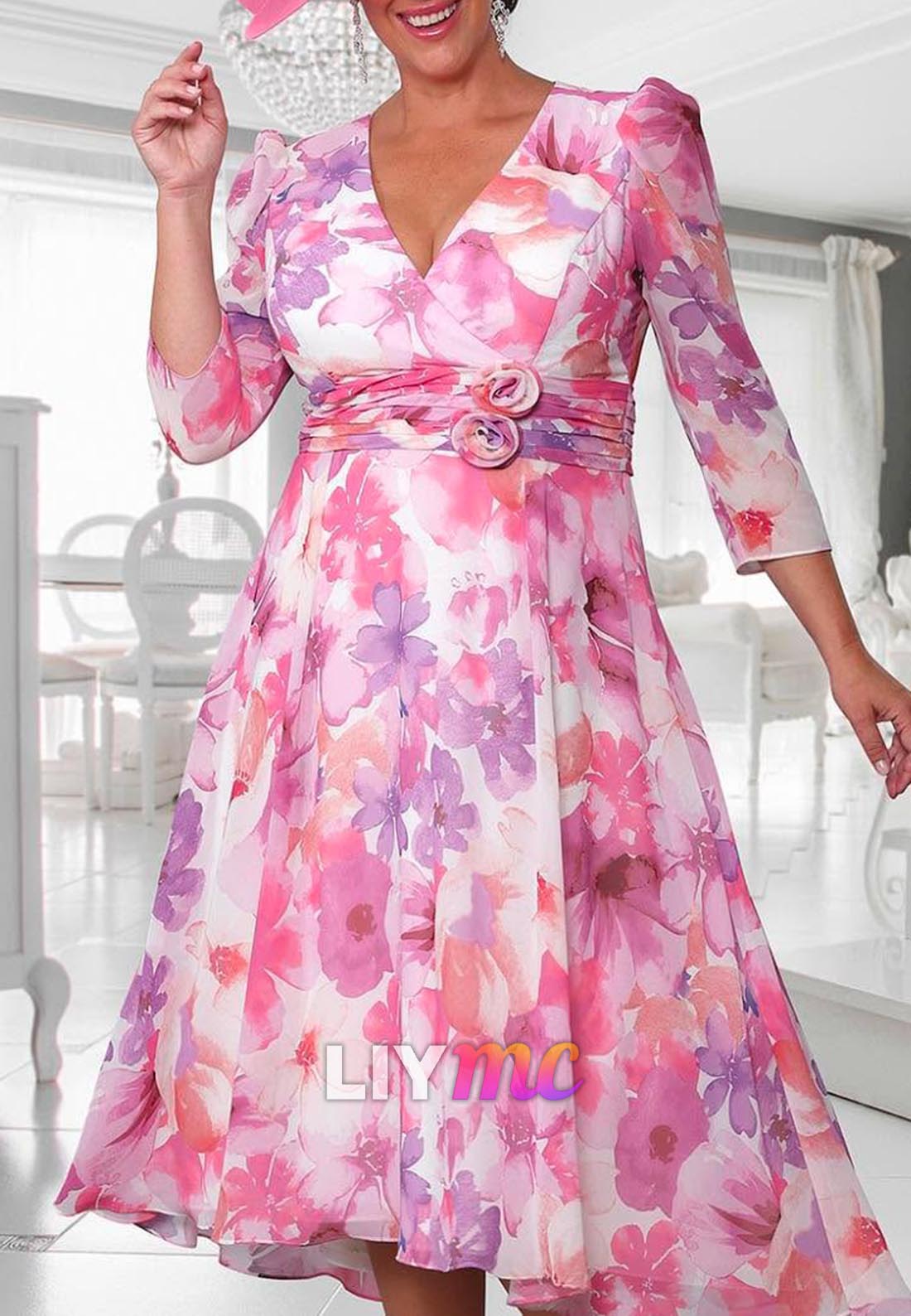 V-Neck Long Sleeves Floral Printed Chiffon A-Line Mother of Bride Dress