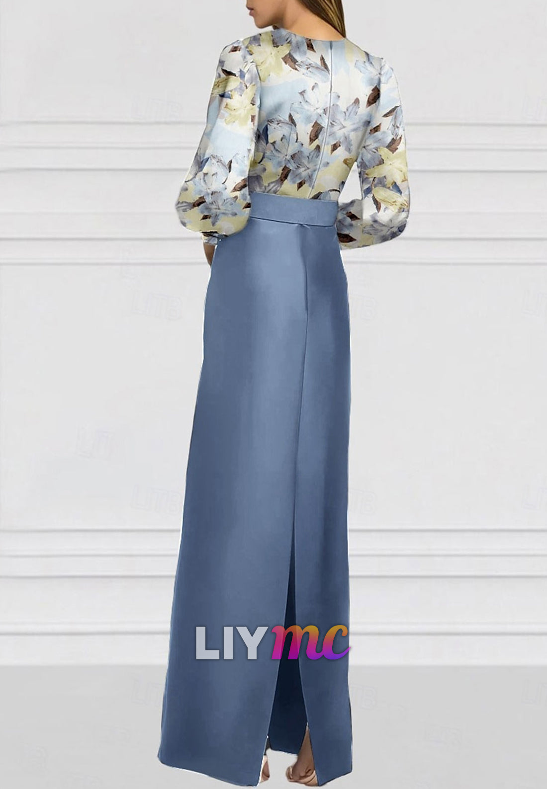 V-Neck Long Sleeves Floral Printed Sheath Mother of Bride Dress