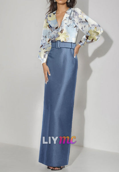 V-Neck Long Sleeves Floral Printed Sheath Mother of Bride Dress