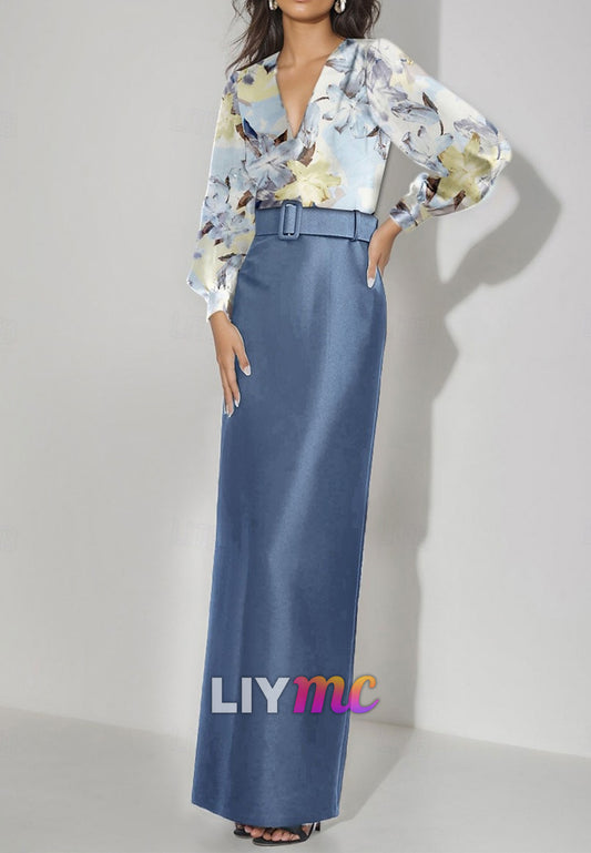 V-Neck Long Sleeves Floral Printed Sheath Mother of Bride Dress