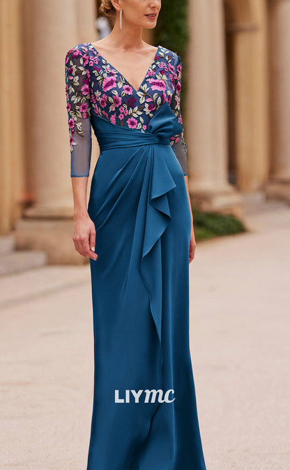 M1179 - V-Neck Long Sleeves Floral Ruffled Ruched A-Line Cocktail Dress Mother of Bride Dress