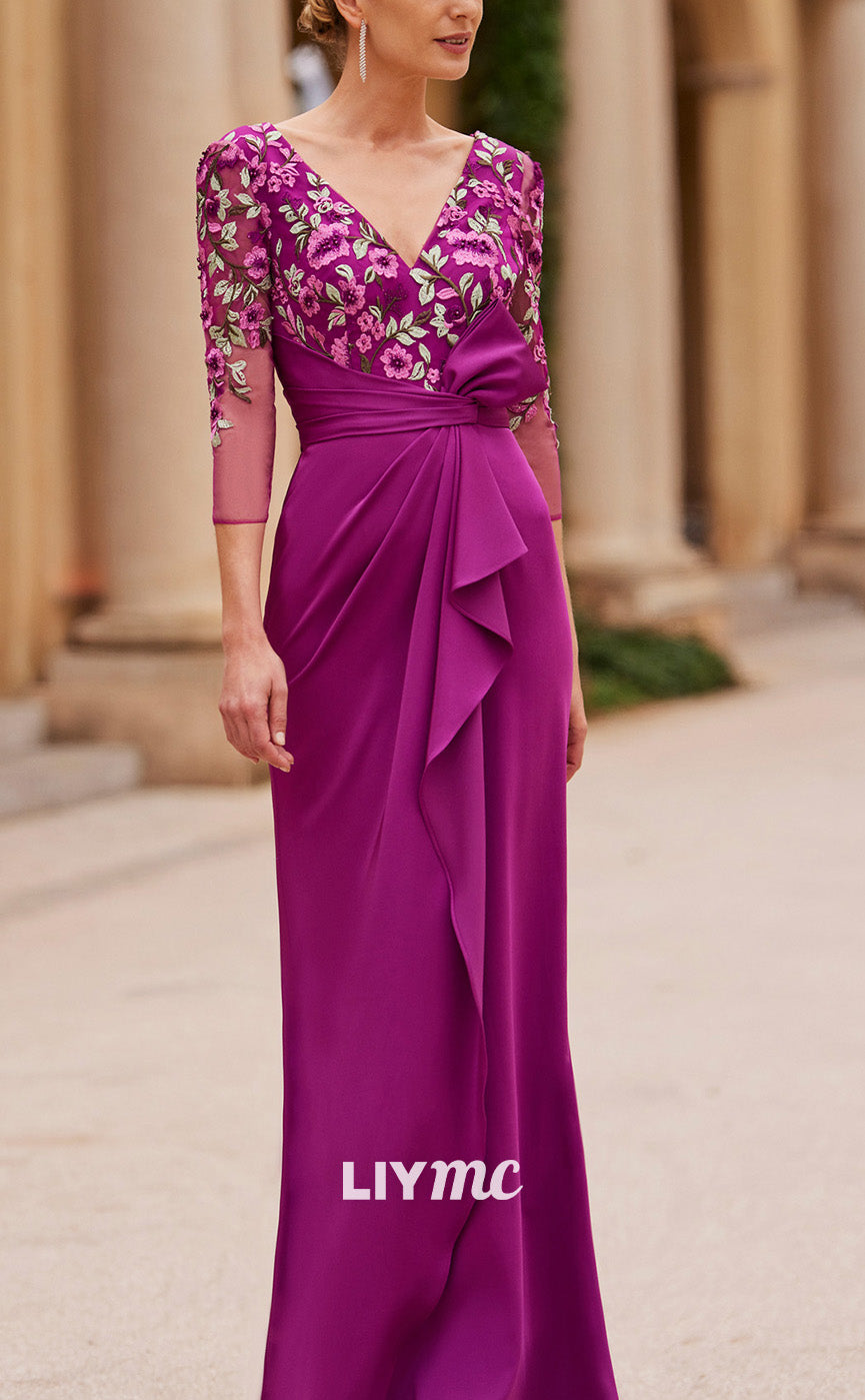 M1179 - V-Neck Long Sleeves Floral Ruffled Ruched A-Line Cocktail Dress Mother of Bride Dress