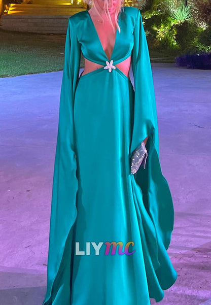 V-Neck Long Sleeves Illusion Sheath Formal Dress