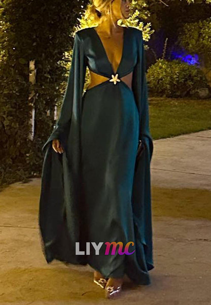 V-Neck Long Sleeves Illusion Sheath Formal Dress