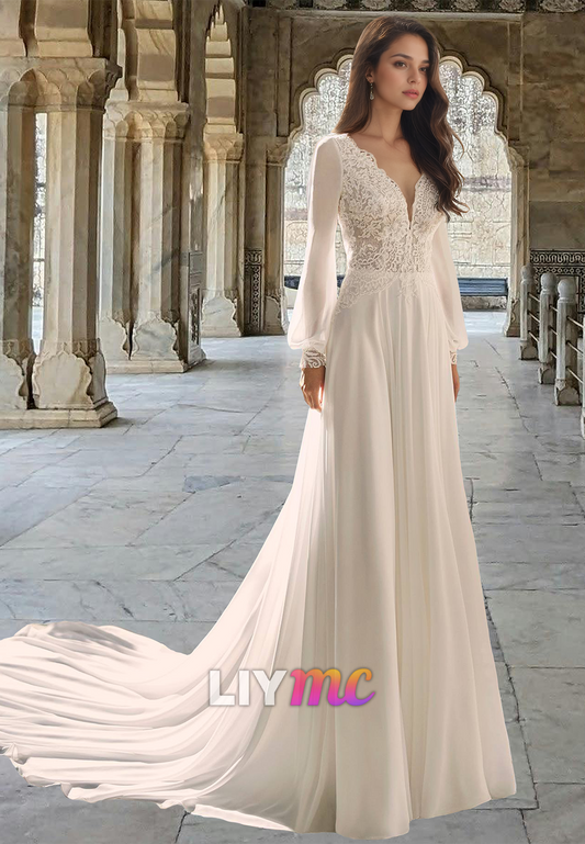 V-Neck Long Sleeves Lace Appliquees Chiffon A-Line Boho Wedding Dress