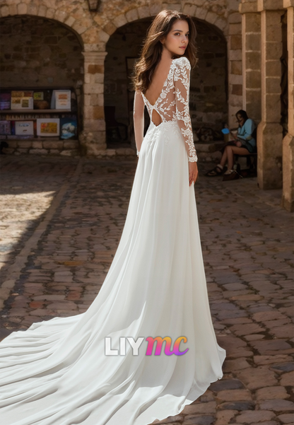 V-Neck Long Sleeves Lace Appliques A-Line Beach Wedding Dress