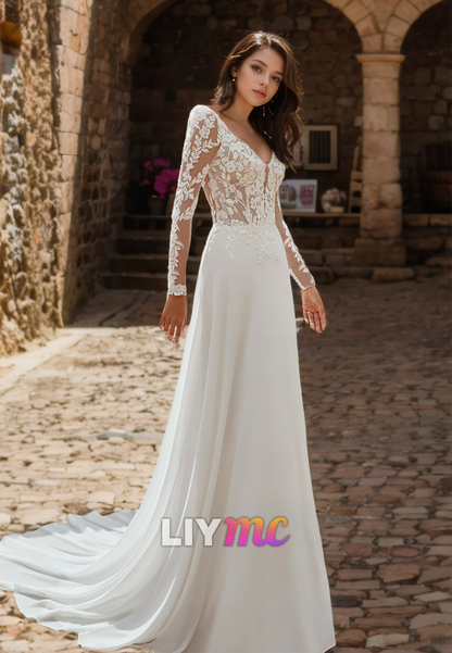 V-Neck Long Sleeves Lace Appliques A-Line Beach Wedding Dress