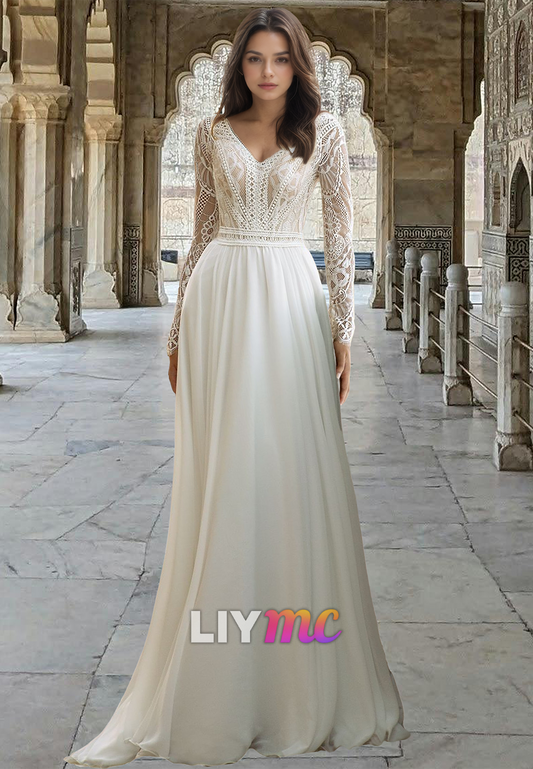 V-Neck Long Sleeves Lace Appliques A-Line Boho Wedding Dress