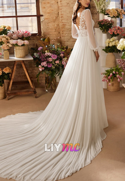 V-Neck Long Sleeves Lace Appliques A-Line Boho Wedding Dress