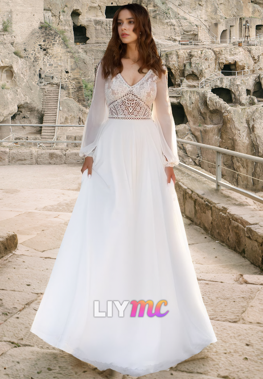 V-Neck Long Sleeves Lace Appliques A-Line Boho Wedding Dress