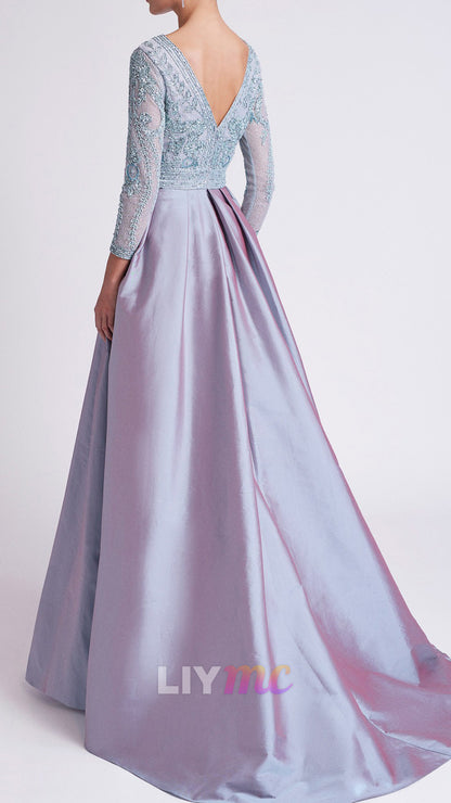 V-Neck Long Sleeves Lace Appliques A-Line Mother of Bride Dress