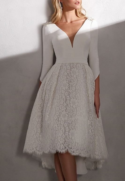 V-Neck Long Sleeves Lace Appliques A-Line Wedding Dress