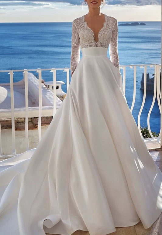 V-Neck Long Sleeves Lace Appliques A-Line Wedding Dress