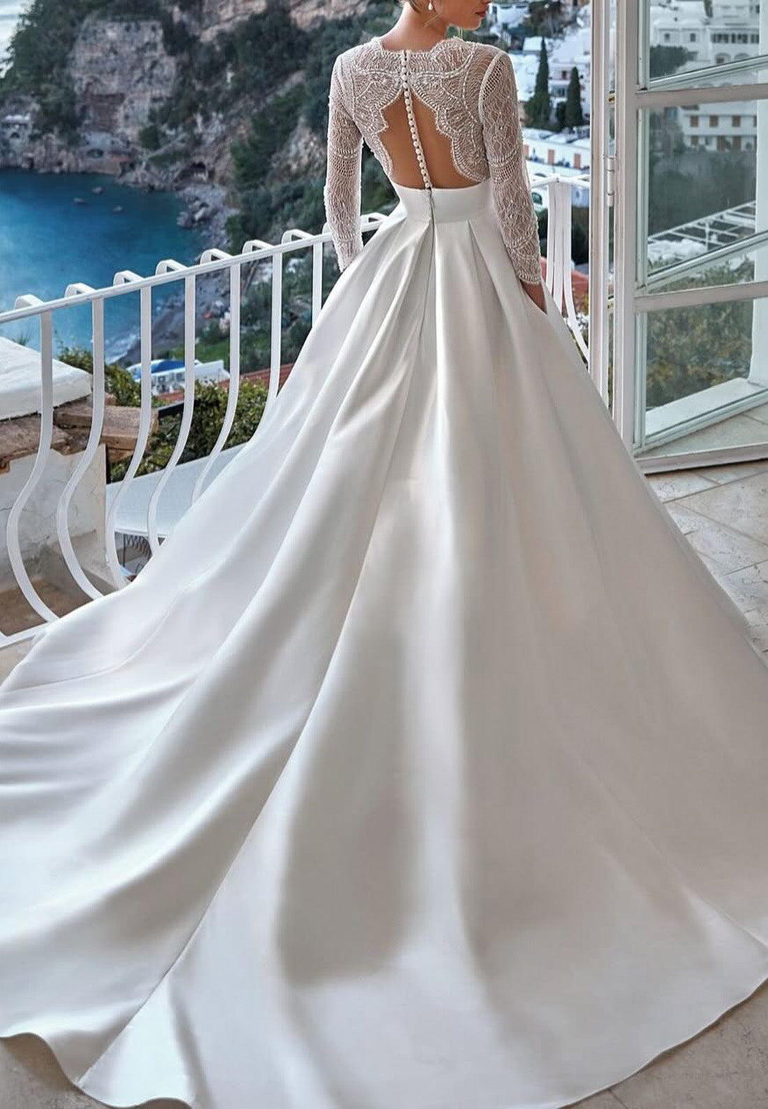 V-Neck Long Sleeves Lace Appliques A-Line Wedding Dress