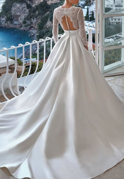 V-Neck Long Sleeves Lace Appliques A-Line Wedding Dress
