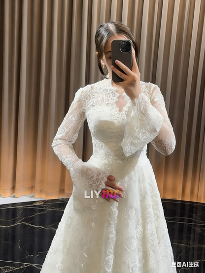 V-Neck Long Sleeves Lace Appliques A-Line Wedding Dress