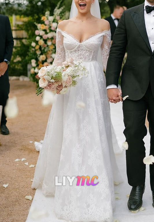V-Neck Long Sleeves Lace Appliques A-Line Wedding Dress