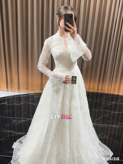 V-Neck Long Sleeves Lace Appliques A-Line Wedding Dress