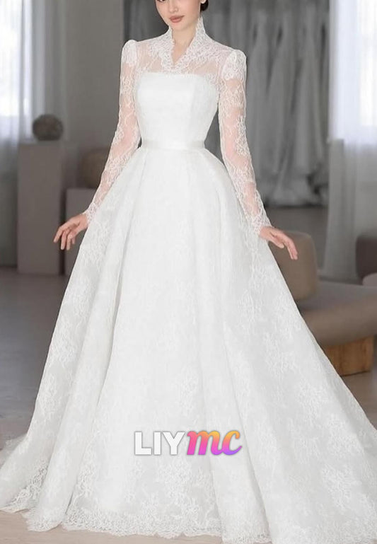 V-Neck Long Sleeves Lace Appliques Ball Gown Wedding Dress