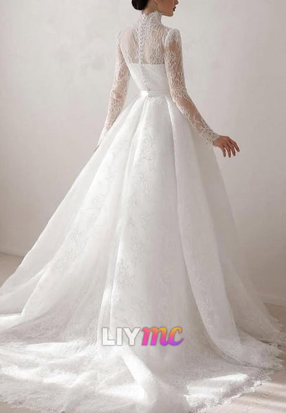 V-Neck Long Sleeves Lace Appliques Ball Gown Wedding Dress
