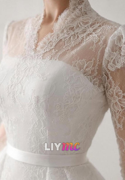 V-Neck Long Sleeves Lace Appliques Ball Gown Wedding Dress