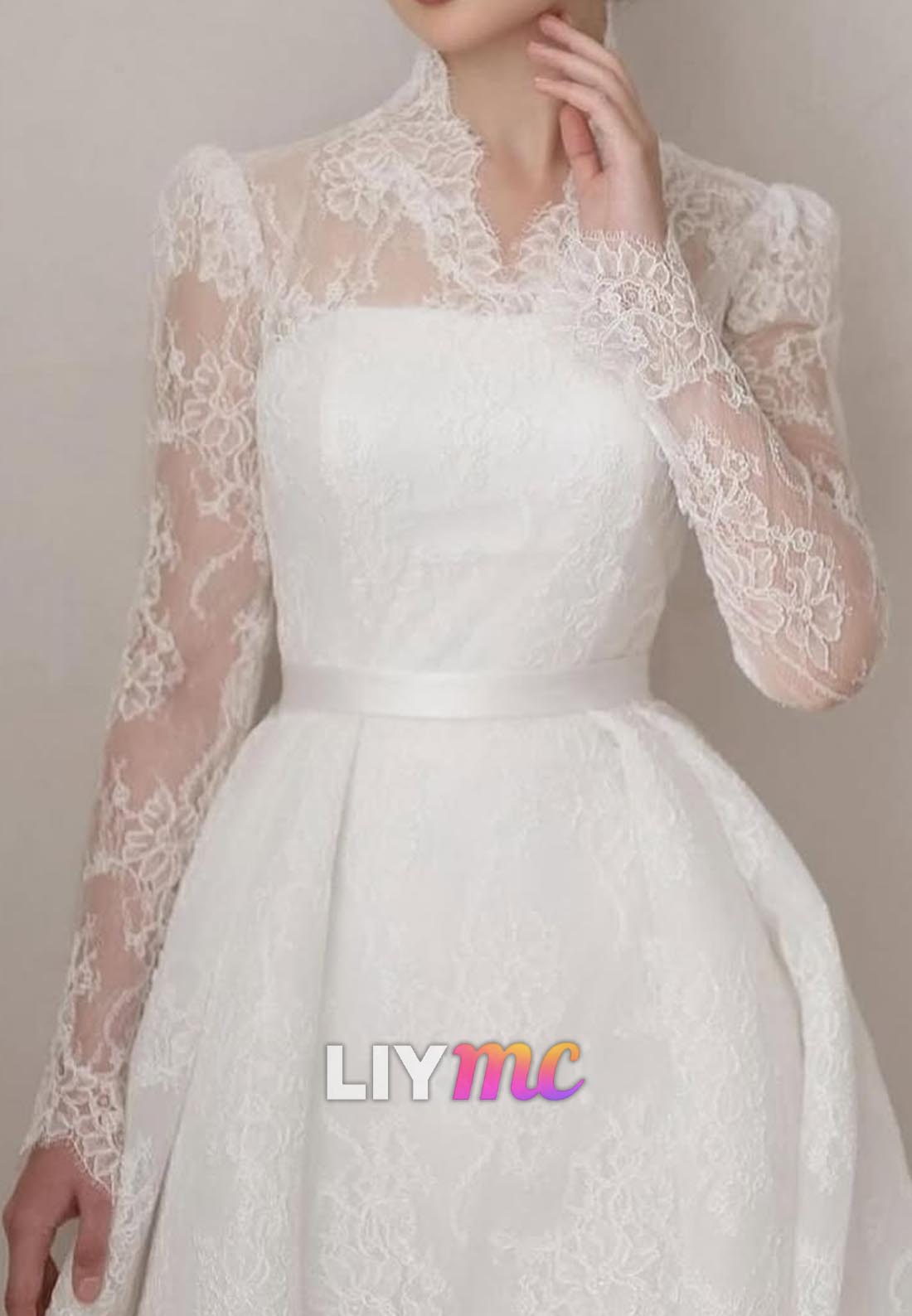 V-Neck Long Sleeves Lace Appliques Ball Gown Wedding Dress