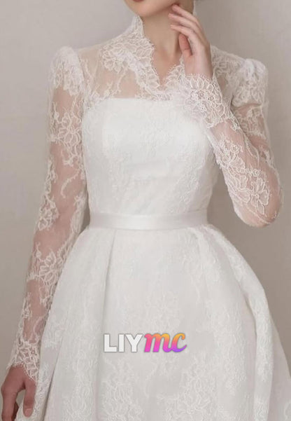 V-Neck Long Sleeves Lace Appliques Ball Gown Wedding Dress