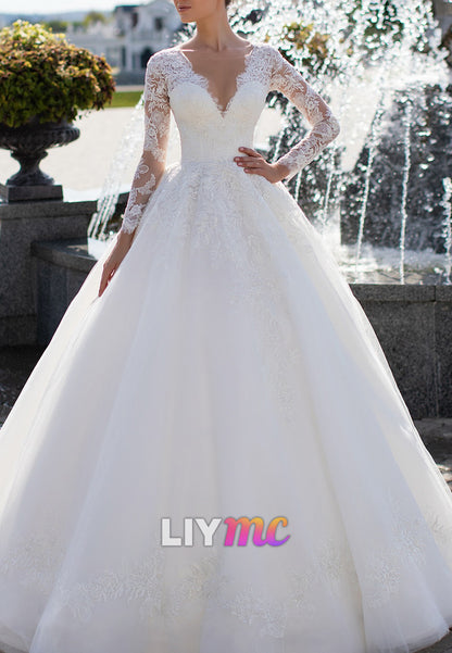 V-Neck Long Sleeves Lace Appliques Bridal Gown Wedding Dress