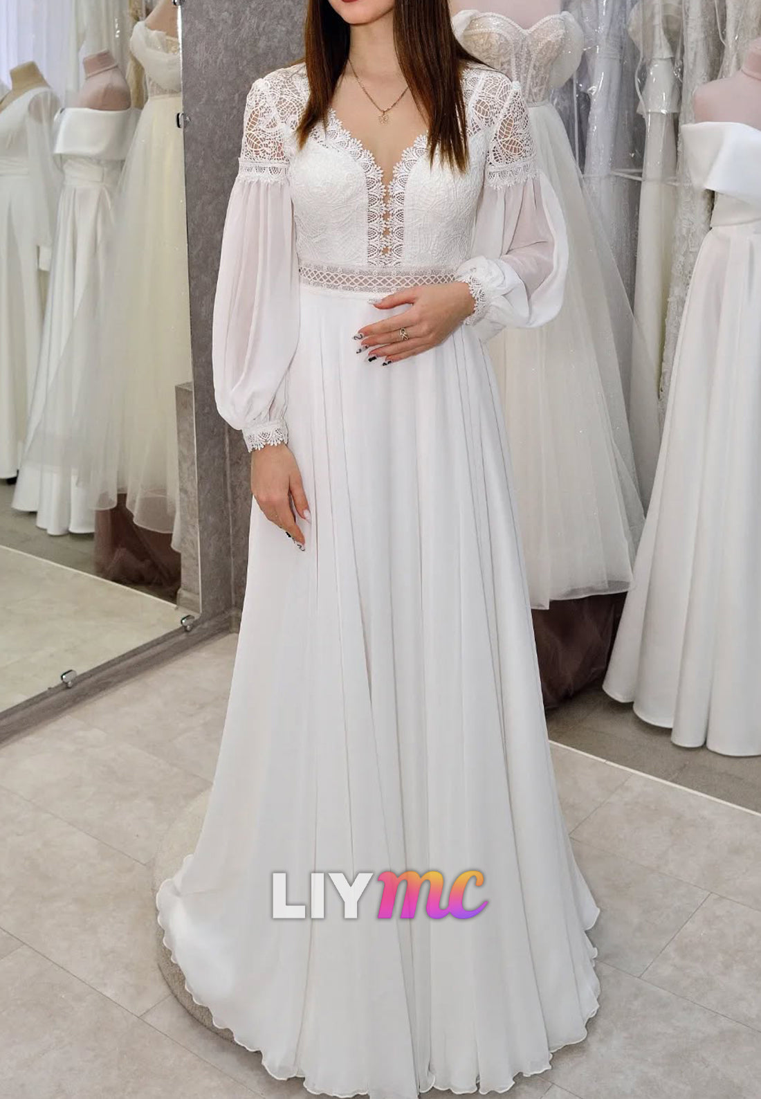 V-Neck Long Sleeves Lace Appliques Chiffon A-Line Wedding Dress