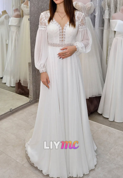V-Neck Long Sleeves Lace Appliques Chiffon A-Line Wedding Dress