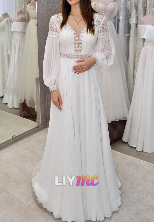 V-Neck Long Sleeves Lace Appliques Chiffon A-Line Wedding Dress