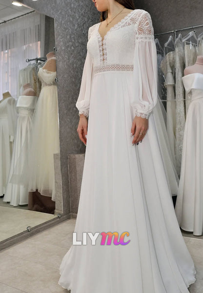 V-Neck Long Sleeves Lace Appliques Chiffon A-Line Wedding Dress