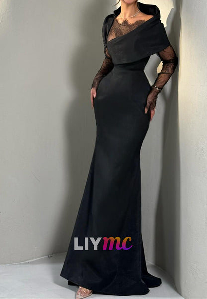 V-Neck Long Sleeves Lace Appliques Mermaid Evening Dress