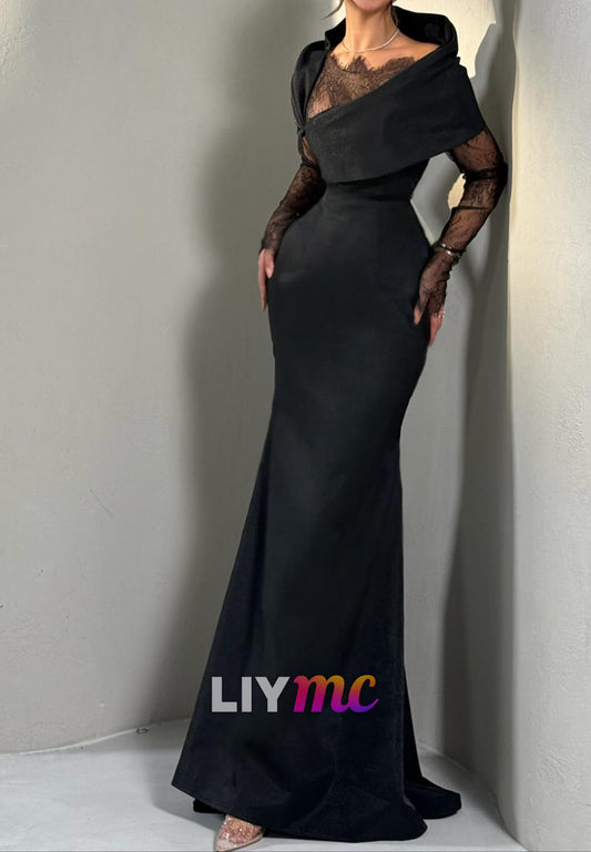 V-Neck Long Sleeves Lace Appliques Mermaid Evening Dress