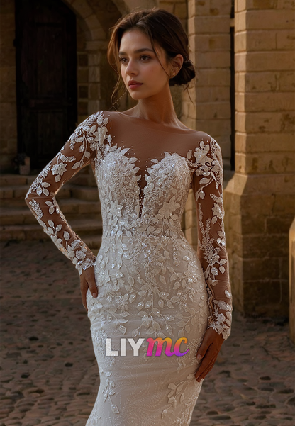 V-Neck Long Sleeves Lace Appliques Mermaid Wedding Dress