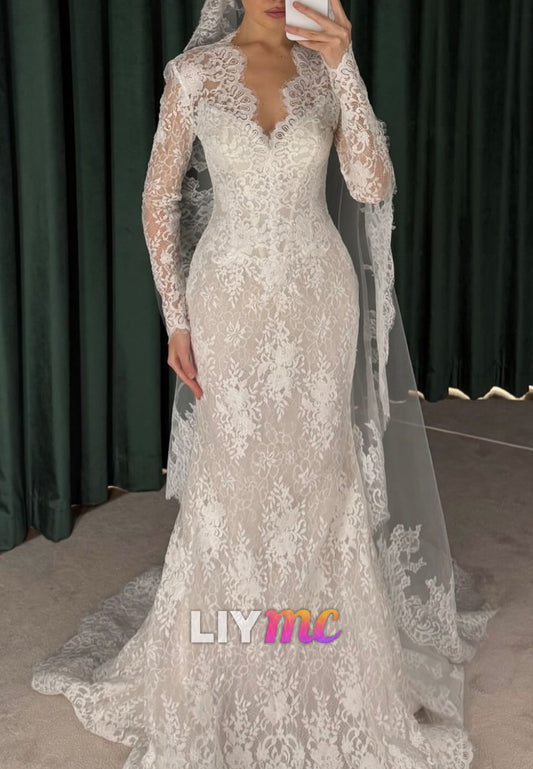 V-Neck Long Sleeves Lace Appliques Mermaid Wedding Dress