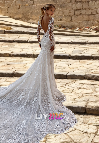 V-Neck Long Sleeves Lace Appliques Mermaid Wedding Dress