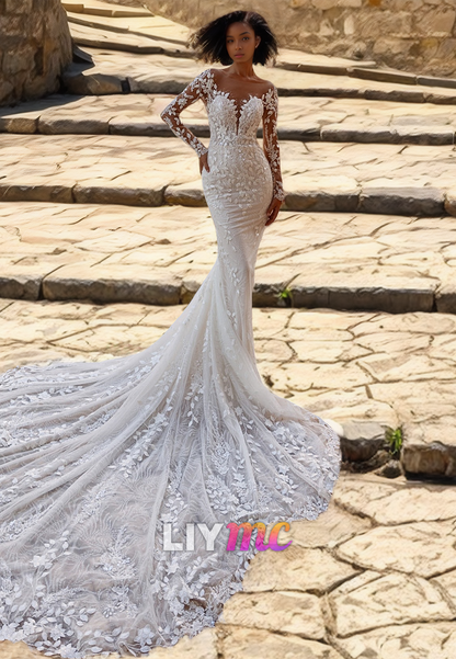 V-Neck Long Sleeves Lace Appliques Mermaid Wedding Dress