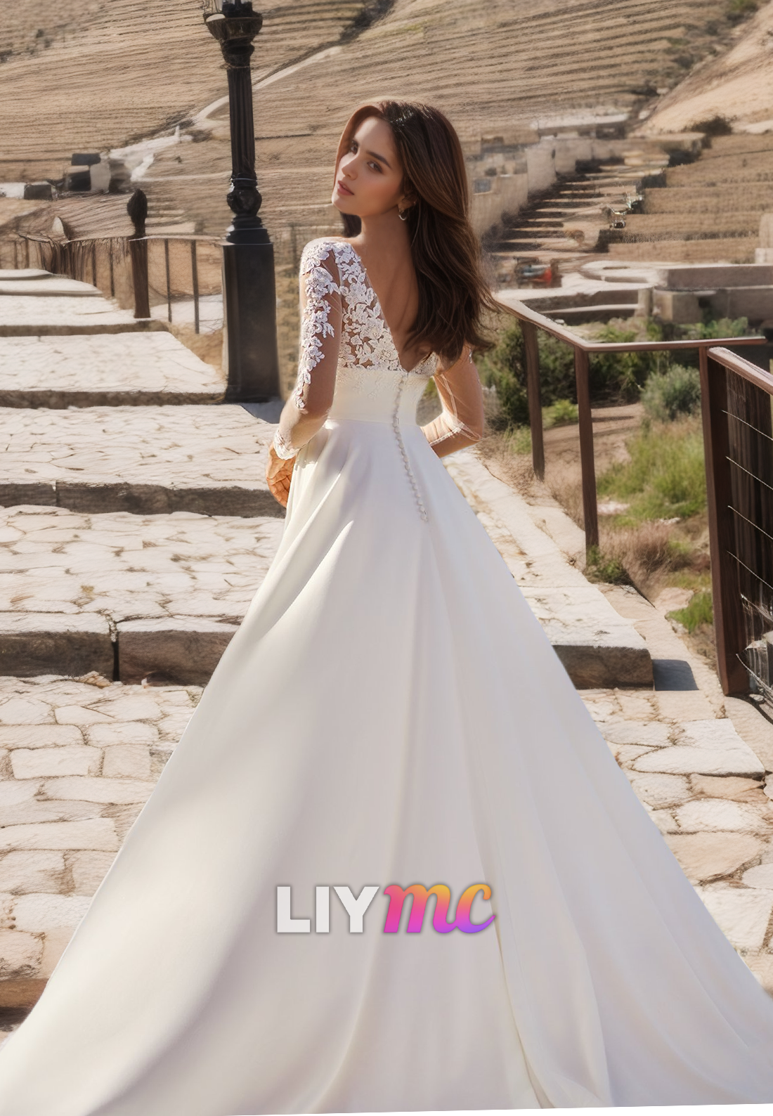 V-Neck Long Sleeves Lace Appliques Pleated A-Line Boho Wedding Dress