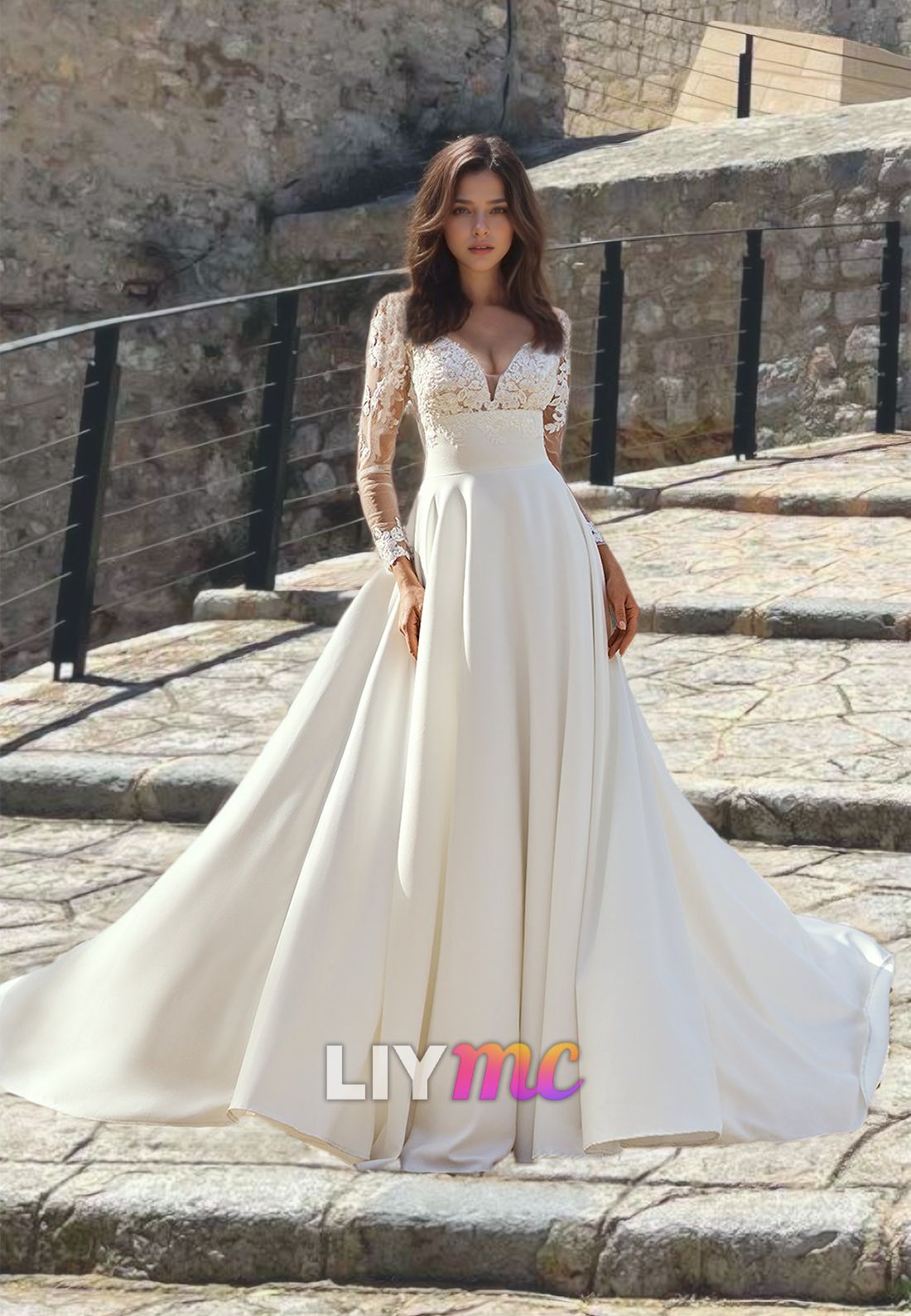 V-Neck Long Sleeves Lace Appliques Pleated A-Line Boho Wedding Dress