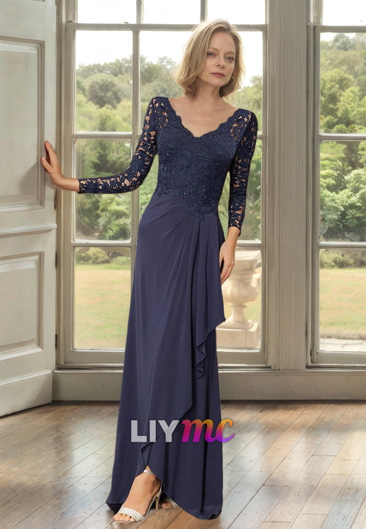 M1080 - Trumpet Mother of the Bride Dress V Neck Asymmetrical Floor Length Chiffon Long Sleeve Half Sleeve