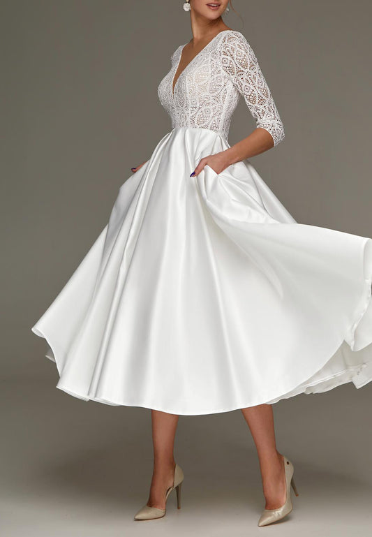 V-Neck Long Sleeves Lace Appliques Satin A-Line Midi Wedding Dress