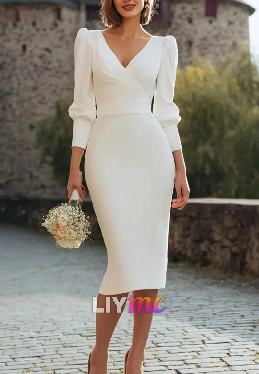 V-Neck Long Sleeves Midi Simple Sheath Wedding Dress