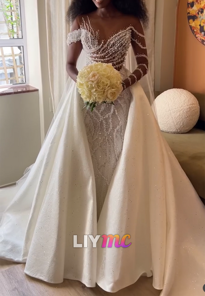V-Neck Long Sleeves Pearl Beaded Embroidery Mermaid Wedding Dress