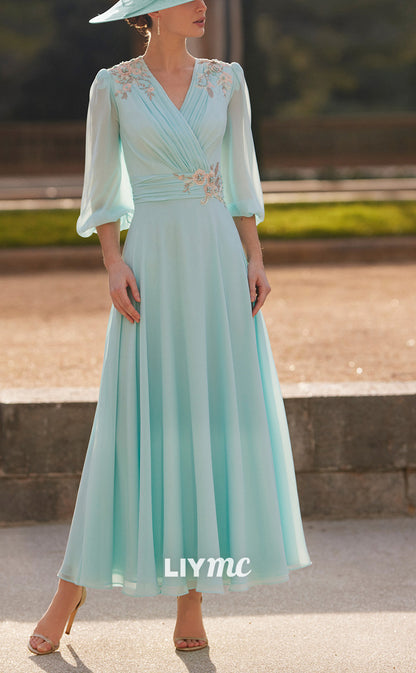 M1204 - V-Neck Long Sleeves Pleated A-Line Appliques Mother of Bride Dress Cocktail Dress