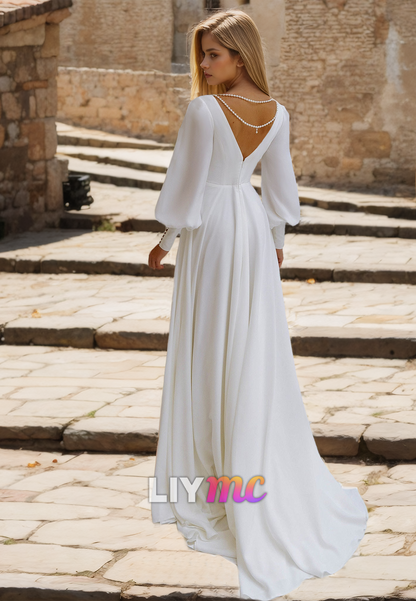 V-Neck Long Sleeves Pleated A-Line Beach Wedding Dress