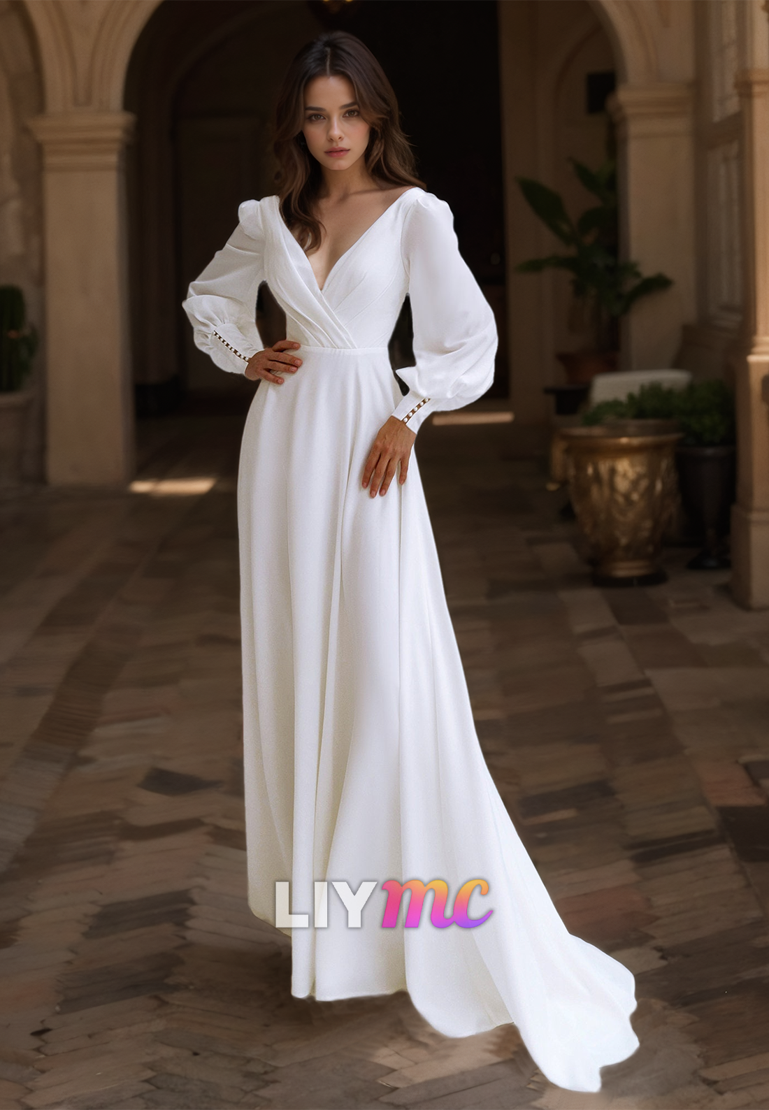 V-Neck Long Sleeves Pleated A-Line Beach Wedding Dress