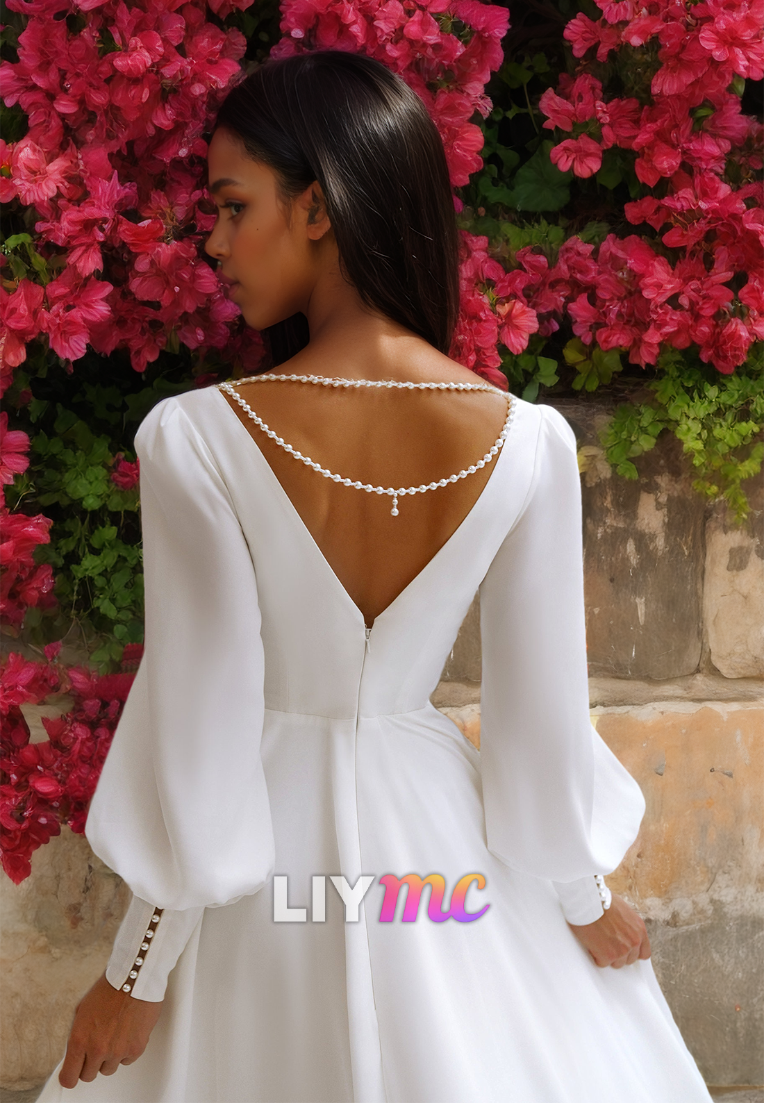 V-Neck Long Sleeves Pleated A-Line Beach Wedding Dress