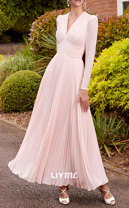 M1114 - V-Neck Long Sleeves Pleated A-Line Chiffon Floor-Length Mother of Bride