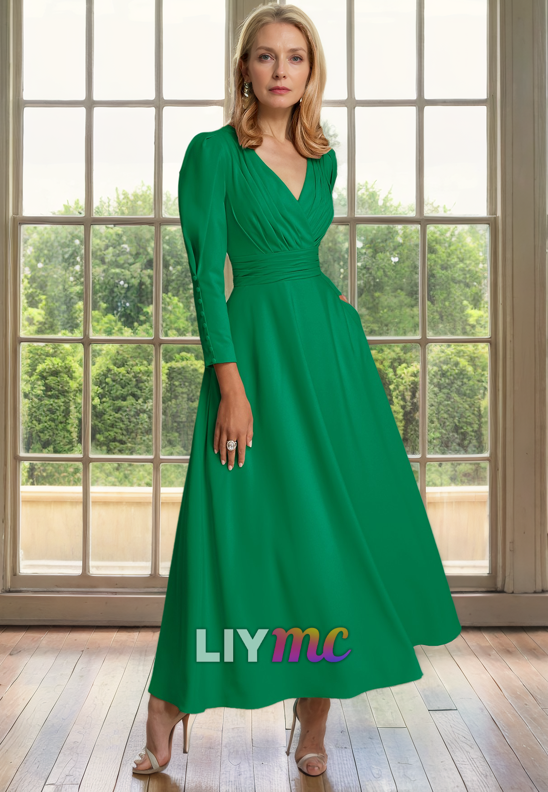 M1153 - V-Neck Long Sleeves Pleated A-Line Floor-Length Mother of Bride Wedding Guest Dress